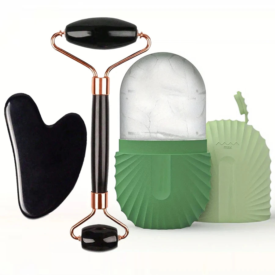 Set de rodillo de hielo para el rostro y herramienta facial Gua Sha: rodillo de masaje facial para reafirmar, contornear y desinflamar la piel en tu rutina de cuidado diario