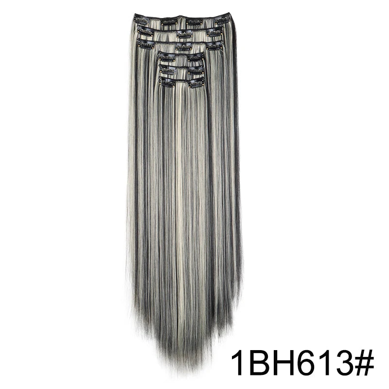 24-Inch Synthetic Clip-In Hair Extensions – 16 Clips, Long Straight Heat-Resistant Hairpiece | Blonde & Black