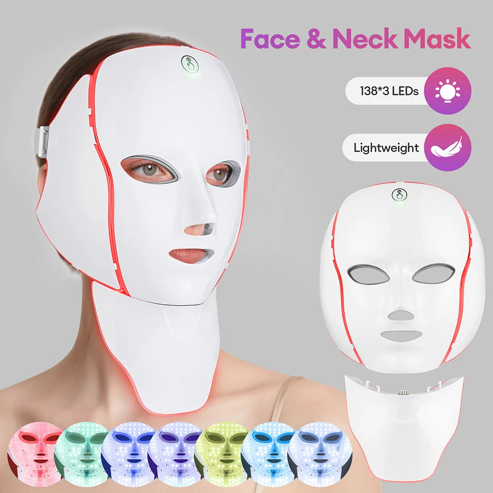7-Color LED Facial & Neck Mask – Photon Light Therapy for Skin Rejuvenation, Anti-Acne, Face Lifting & Firming Beauty Device