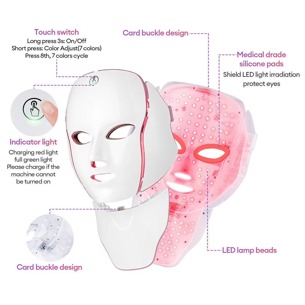 قناع LED للوجه والرقبة بـ 7 ألوان – جهاز تجميل للعلاج بالضوء الفوتوني لتجديد شباب البشرة، وعلاج حب الشباب، وشد الوجه ونضارته