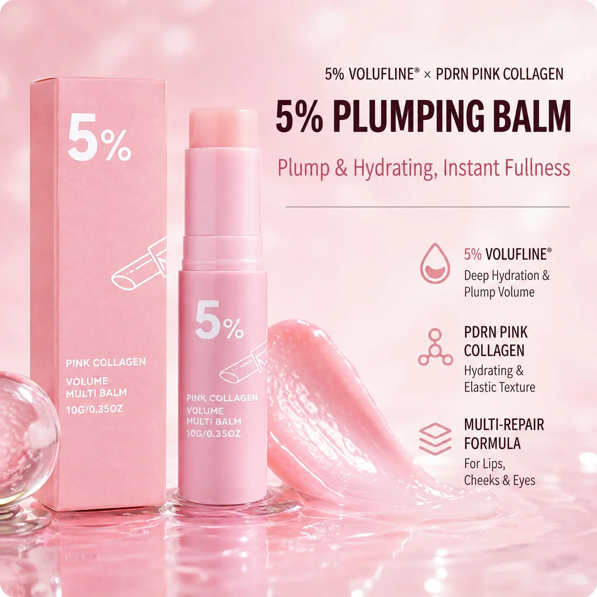 PDRN Pink Collagen Volume Multi Balm Stick – 5% PDRN & Volufiline tiefenwirksame feuchtigkeitsspendende, straffende & aufpolsternde Pflege für Gesicht, Augen & Hals