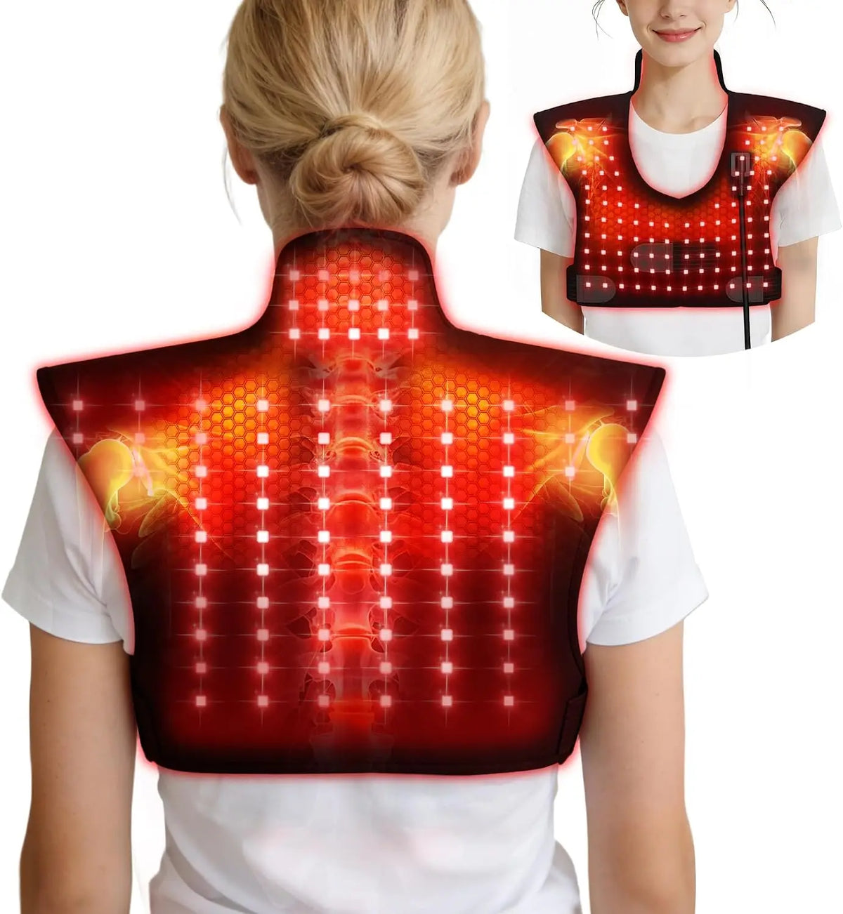 وشاح العلاج بالضوء الأحمر للرقبة والكتف - 165 مصباح LED، وسادة قابلة للارتداء تعمل بالأشعة تحت الحمراء بطول موجي مزدوج 660 نانومتر و 850 نانومتر لتخفيف آلام العضلات والتعافي