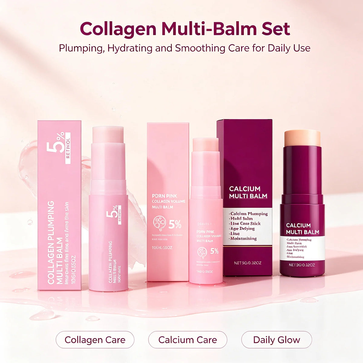 PDRN Pink Collagen Multi Balm Stick Set – 5 % PDRN feuchtigkeitsspendender, straffender & aufhellender Hautpflege-Stick für unterwegs gegen feine Linien