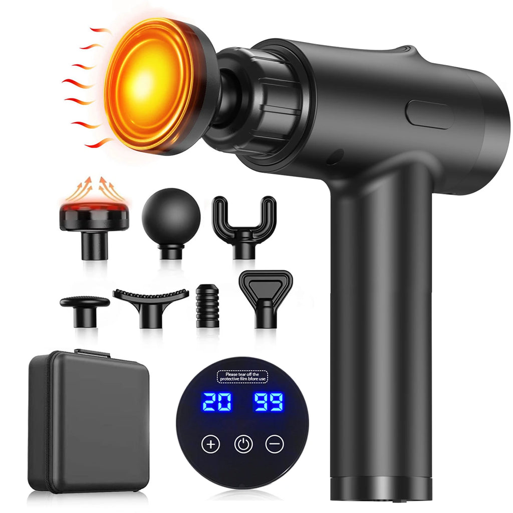 LINGTENG Tiefenmassagepistole – 20 Geschwindigkeitsstufen, 7 Massageköpfe, Wärmefunktion & 1800mAh Akku | Aufbewahrungstasche | Geschenk zur Erholung von Rücken, Nacken & Schultern