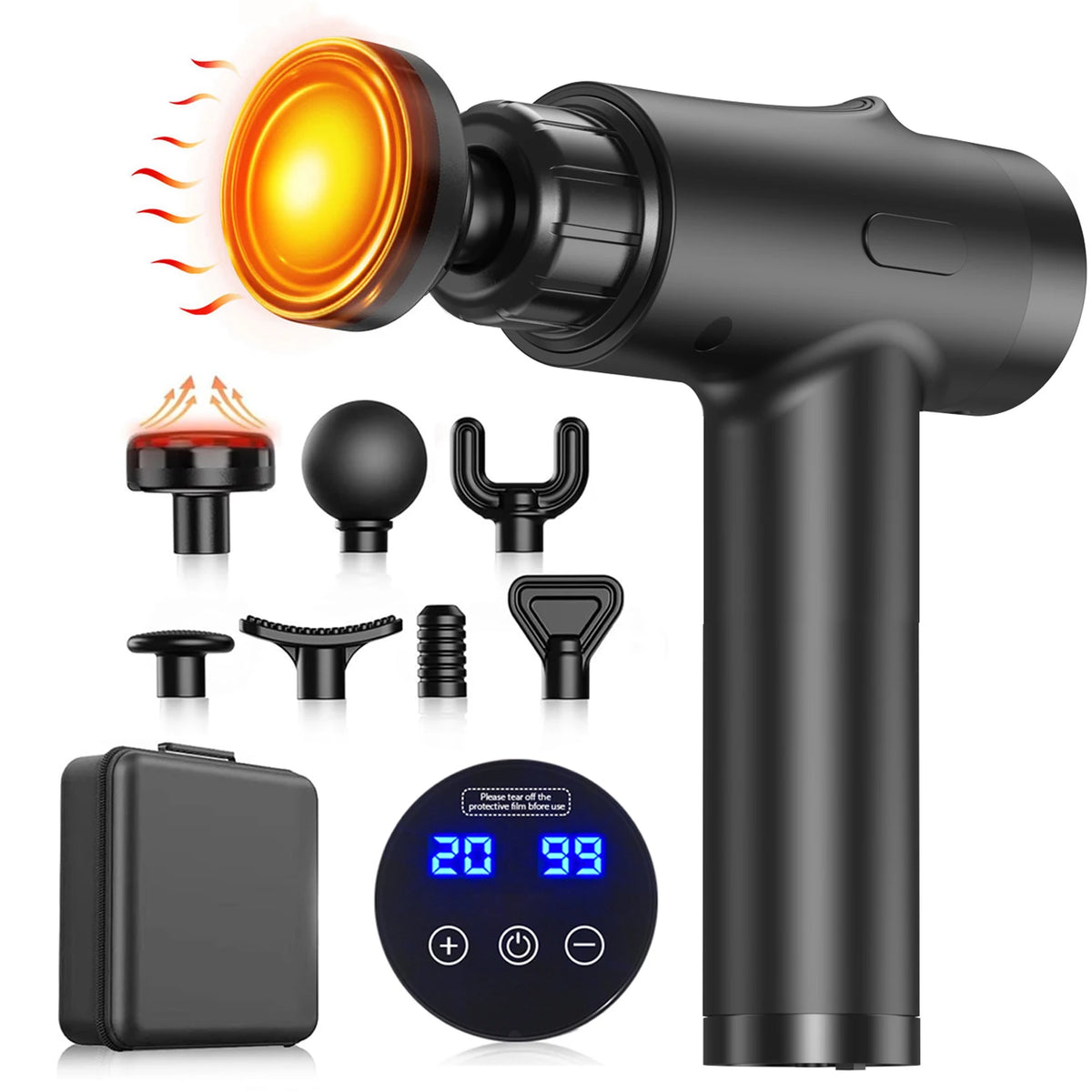 LINGTENG Tiefenmassagepistole – 20 Geschwindigkeitsstufen, 7 Massageköpfe, Wärmefunktion & 1800mAh Akku | Aufbewahrungstasche | Geschenk zur Erholung von Rücken, Nacken & Schultern