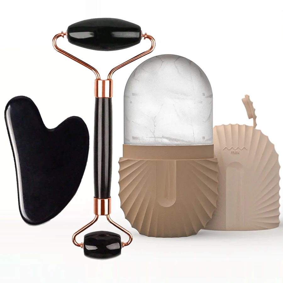Set de rodillo de hielo para el rostro y herramienta facial Gua Sha: rodillo de masaje facial para reafirmar, contornear y desinflamar la piel en tu rutina de cuidado diario