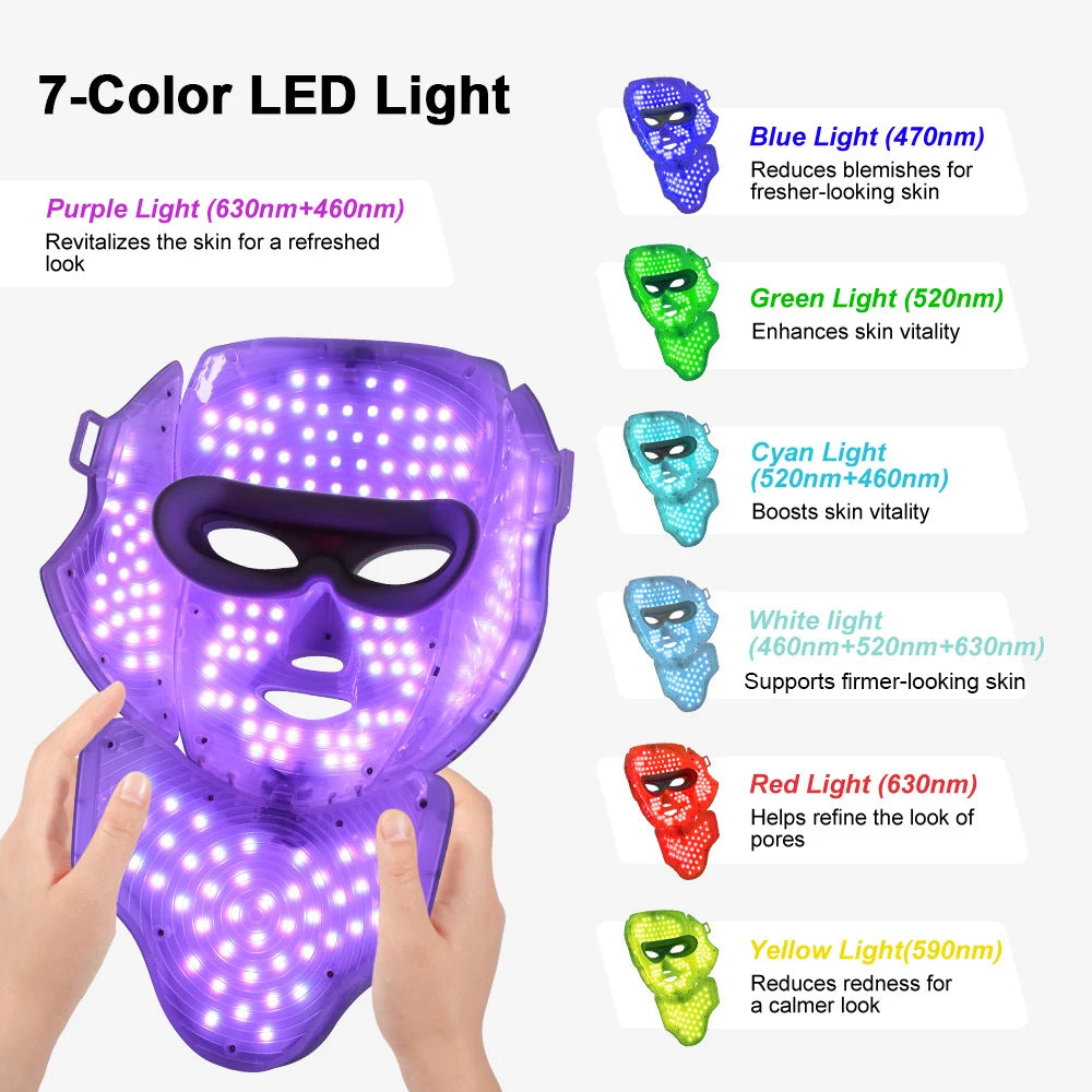 قناع LED لاسلكي للوجه والرقبة بـ 7 ألوان - علاج ضوئي لشد البشرة وتجديد شبابها ومكافحة الشيخوخة في المنزل