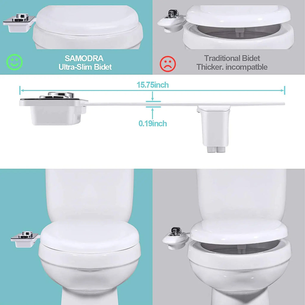 Abattant bidet adaptable – Ultra-fin, non électrique, avec doubles buses autonettoyantes | Lavage à l'eau froide (avant et arrière) | Accessoire d'hygiène personnelle