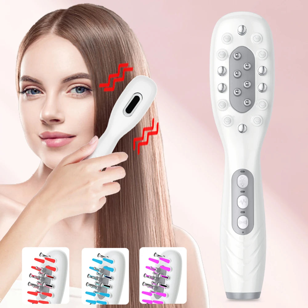 Peine eléctrico para el crecimiento del cabello y aplicador de aceite – Cepillo masajeador de cuero cabelludo con luz LED roja y azul + vibración EMS para la caída del cabello y su regeneración