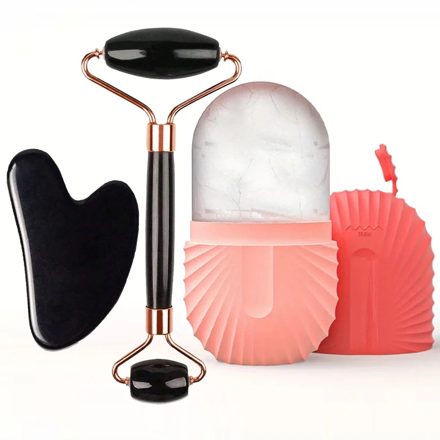 Set de rodillo de hielo para el rostro y herramienta facial Gua Sha: rodillo de masaje facial para reafirmar, contornear y desinflamar la piel en tu rutina de cuidado diario