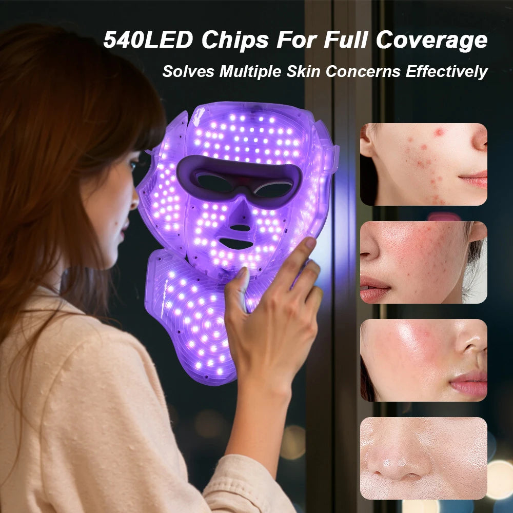 قناع LED لاسلكي للوجه والرقبة بـ 7 ألوان - علاج ضوئي لشد البشرة وتجديد شبابها ومكافحة الشيخوخة في المنزل