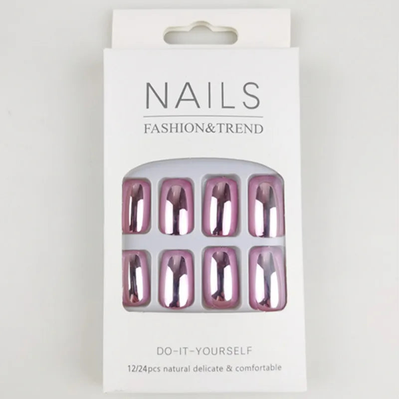 24-Piece Glossy Rose Pink Chrome Press-On Nails – Metallic Mirror Finish Short Square Fake Nails for Women & Girls