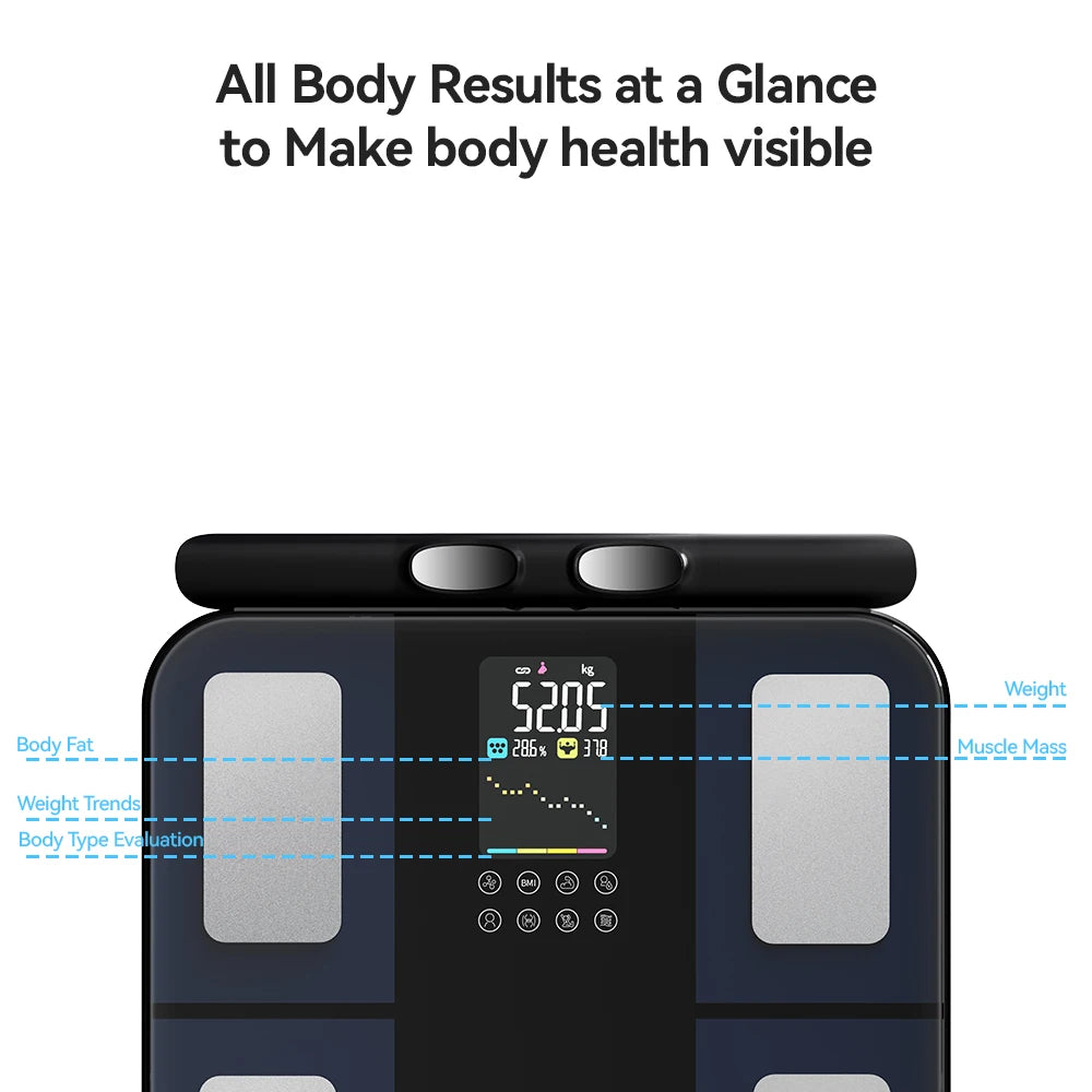 Báscula de composición corporal digital inteligente – Bioimpedancia para grasa corporal, peso y seguimiento de la salud | Báscula inteligente de equilibrio corporal para monitoreo de bienestar