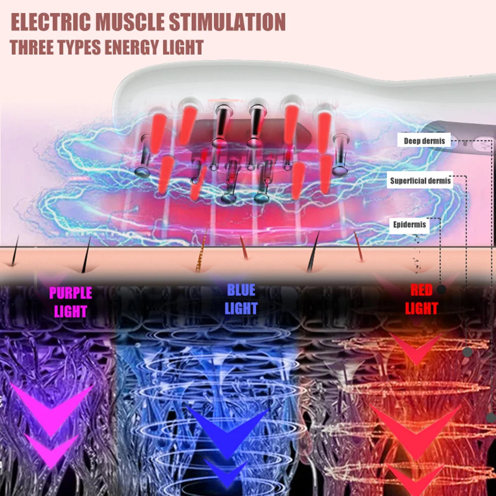 Peine eléctrico para el crecimiento del cabello y aplicador de aceite – Cepillo masajeador de cuero cabelludo con luz LED roja y azul + vibración EMS para la caída del cabello y su regeneración