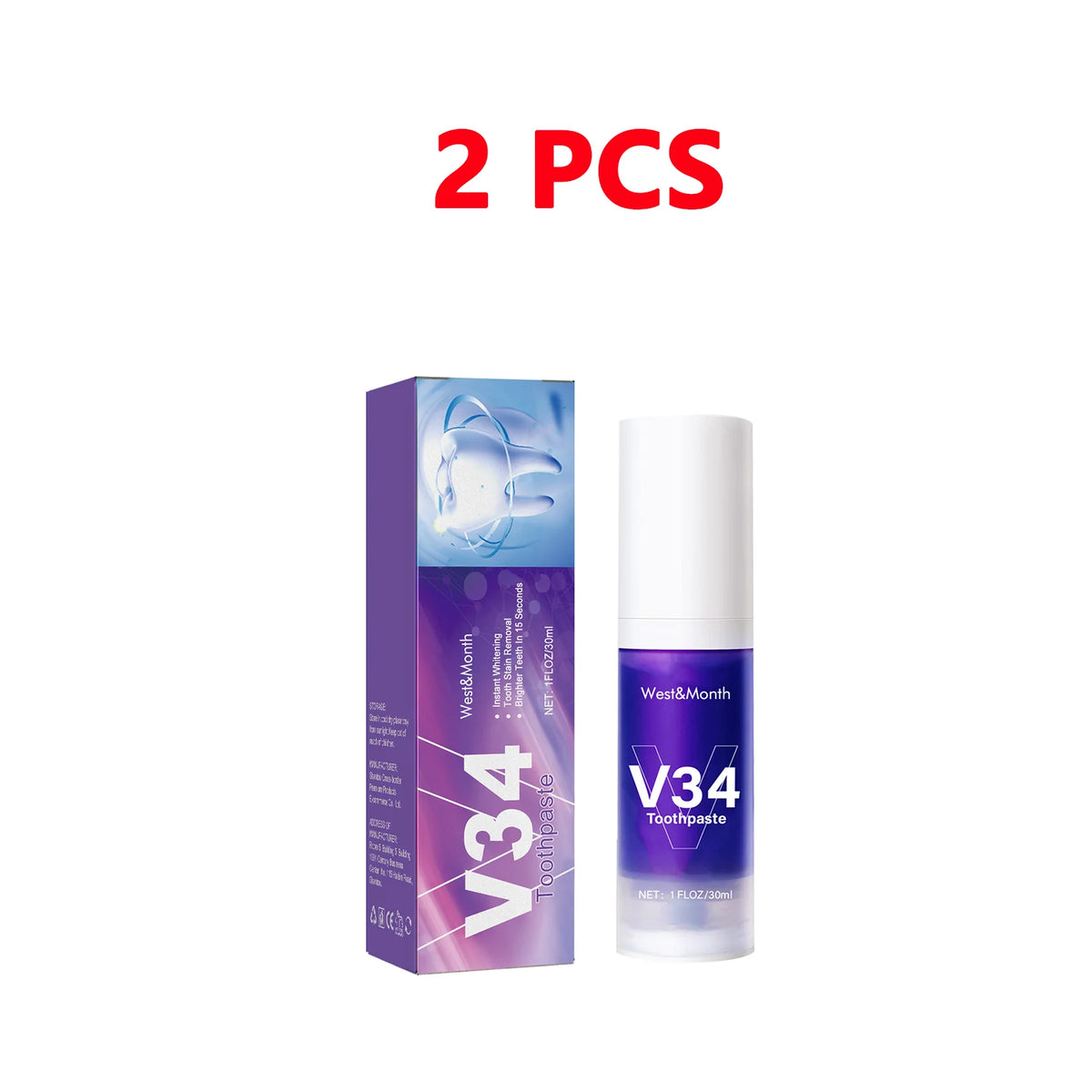 Dentifrice blanchissant V34 – 30 ml, soin intensif antitaches et antiplaque pour dents jaunies, haleine fraîche et protection des gencives