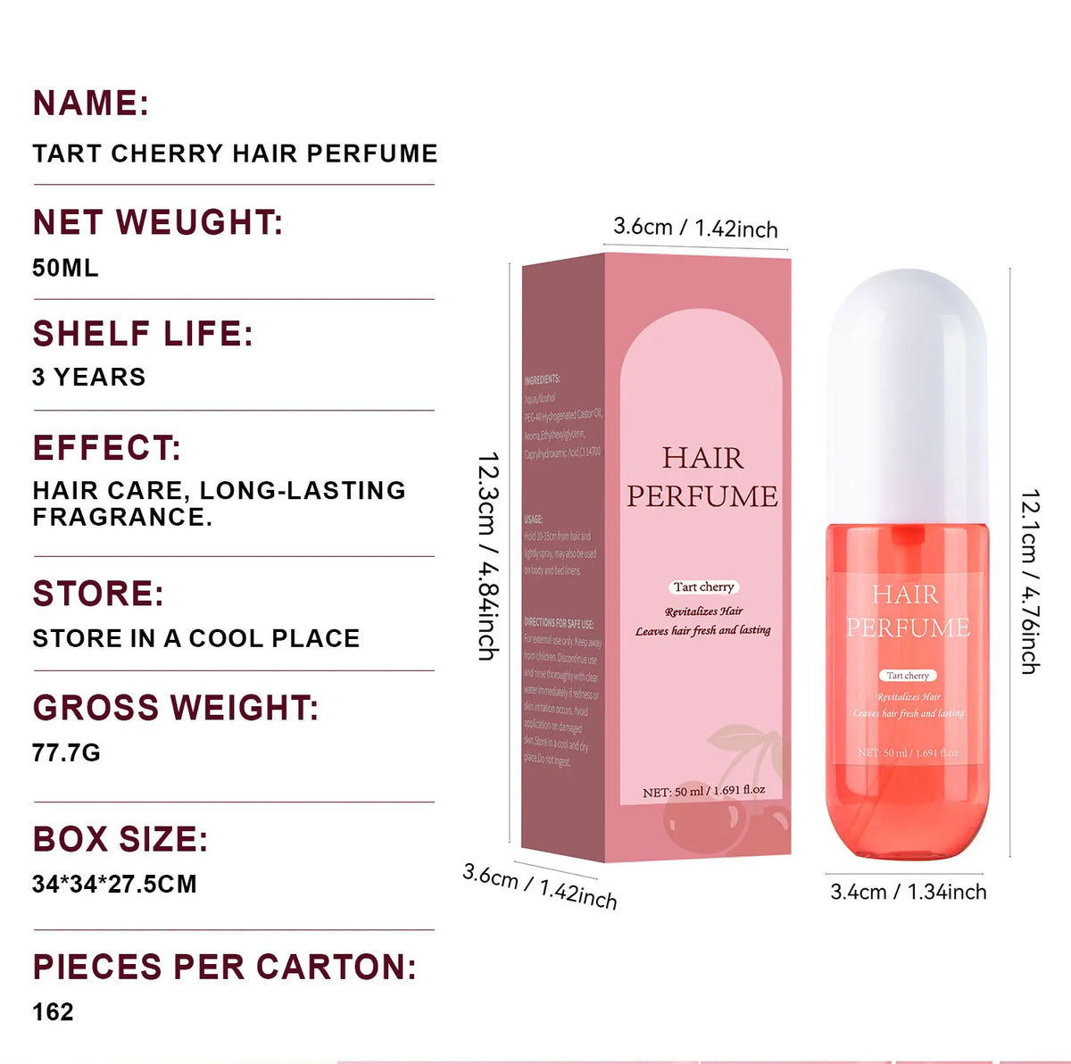 Parfum pour cheveux à la cerise acidulée – Eau de parfum pour femme, brume parfumée longue durée pour cheveux, corps et oreillers (50 ml)