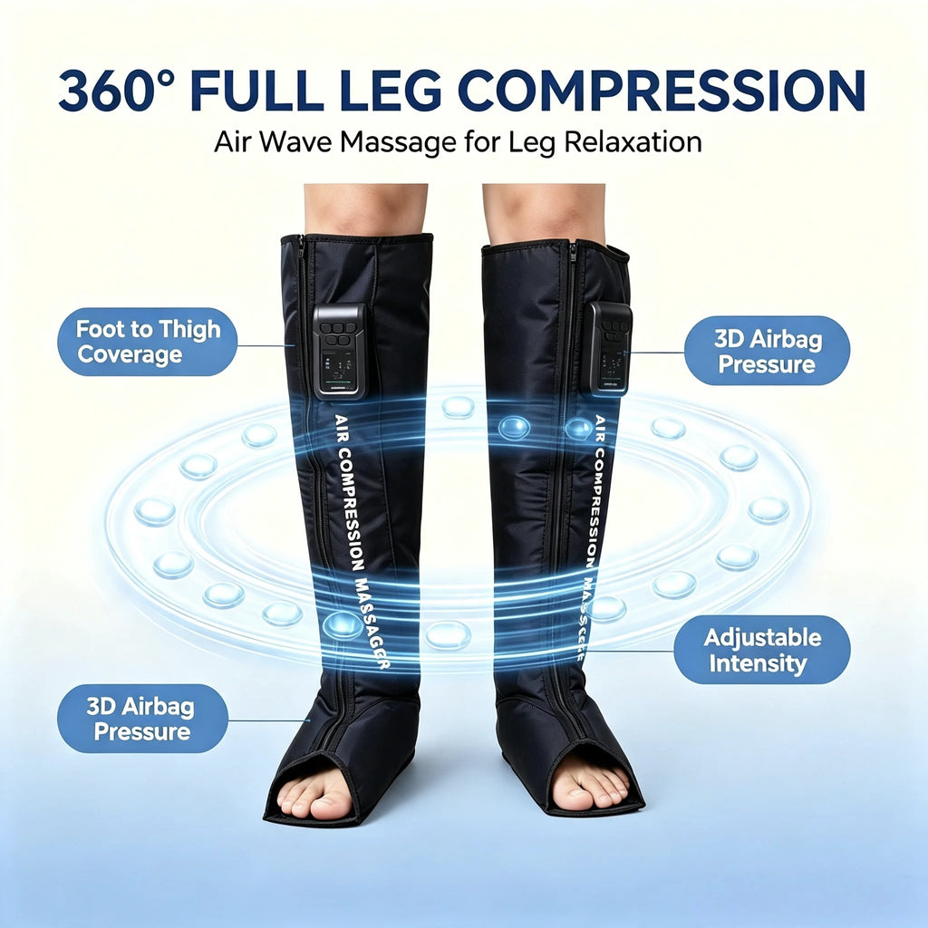 Botas de compresión neumática de 360° para piernas completas: masajeador de piernas por compresión de aire inflable profesional para la circulación y relajación muscular | Cobertura envolvente total