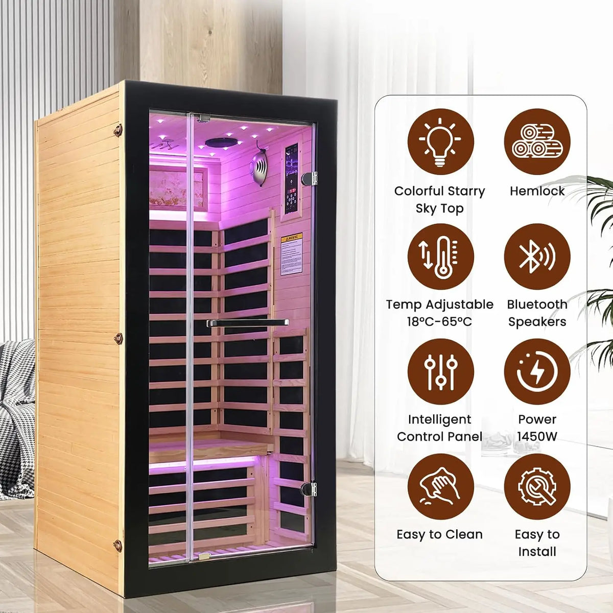 Eins-Personen-Infrarotkabine – Kanadische Hemlocktanne, 1450W | Anpassbare Heimsauna | Vollständig geschlossene Infrarotsauna für den Innenbereich für eine Person
