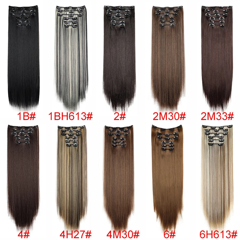 24-Zoll synthetische Clip-in Haarverlängerungen – 16 Clips, langes glattes hitzebeständiges Haarteil | Blond & Schwarz