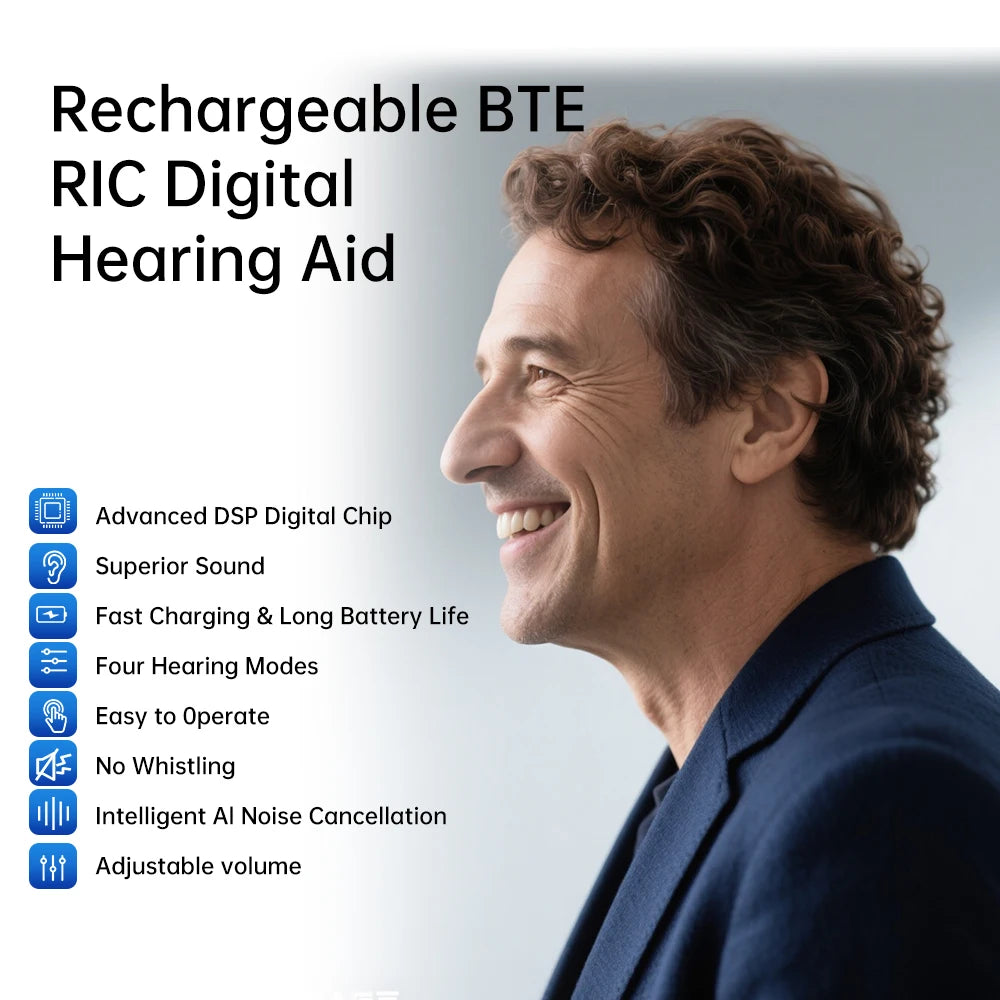 Audífono digital de 10 canales Mirasing: recargable BTE y RIC con cancelación de ruido y estuche de carga portátil