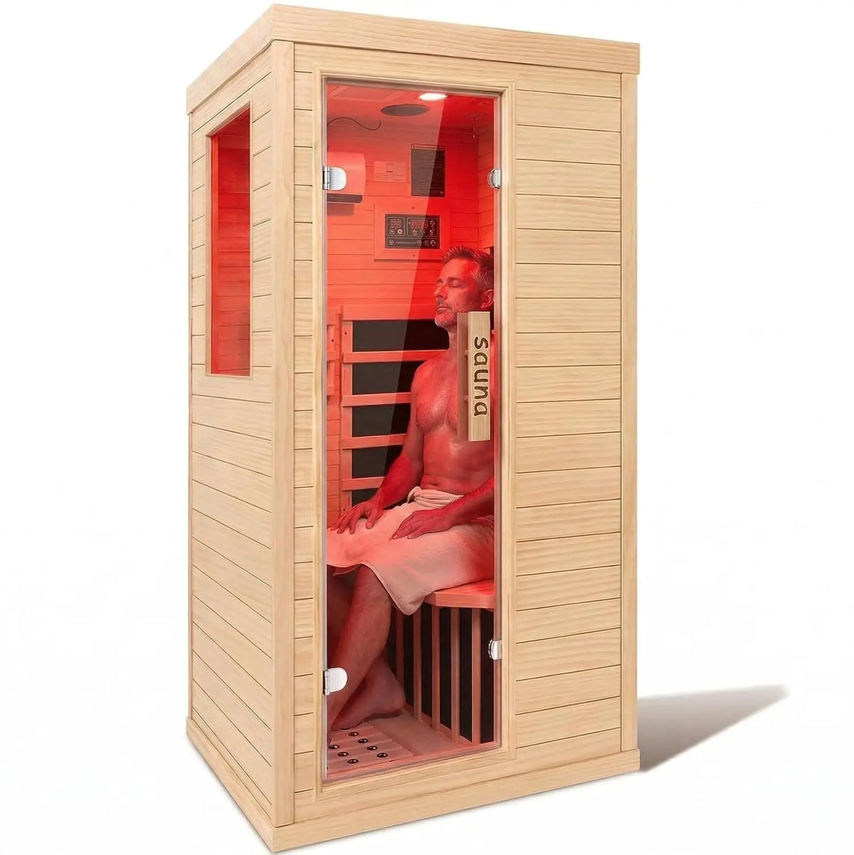 Mini sauna infrarouge 1 personne – Sauna d'intérieur compact de 1,5 m avec porte vitrée à ouverture latérale | Sauna domestique peu encombrant pour petits espaces | Personnalisable