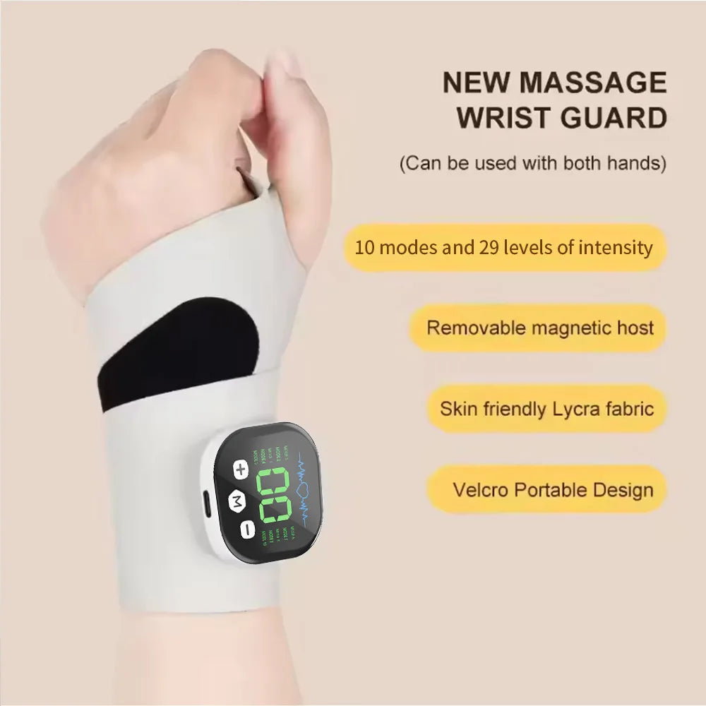 Masajeador eléctrico de mano y muñeca EMS – 10 modos, vibración y recargable por USB | Muñequera inalámbrica para el alivio de la fatiga muscular