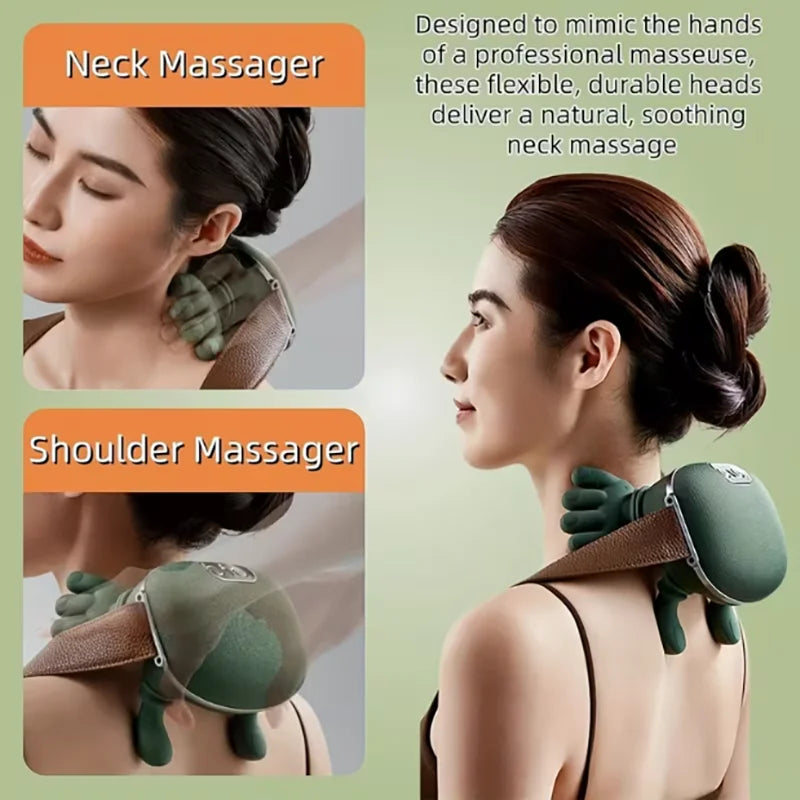 Wireless Bionic Heated Neck & Shoulder Massager – Electric with Finger Massage | Portable Heat Neck Massager