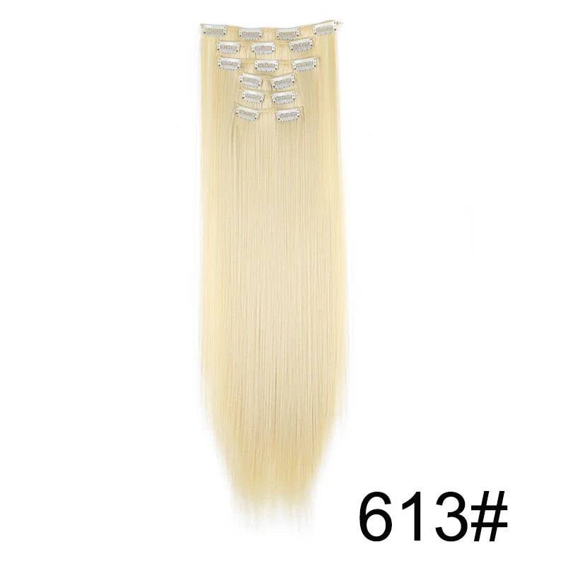 24-Inch Synthetic Clip-In Hair Extensions – 16 Clips, Long Straight Heat-Resistant Hairpiece | Blonde & Black