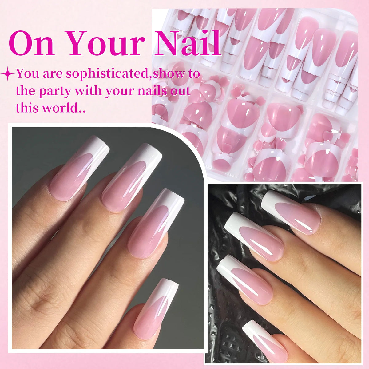 طقم أظافر فرنسية مكون من 144 قطعة – أظافر أكريليك صناعية قصيرة مربعة لليدين والقدمين | جاهزة للاستخدام في الصالون