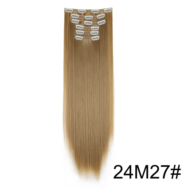 24-Inch Synthetic Clip-In Hair Extensions – 16 Clips, Long Straight Heat-Resistant Hairpiece | Blonde & Black