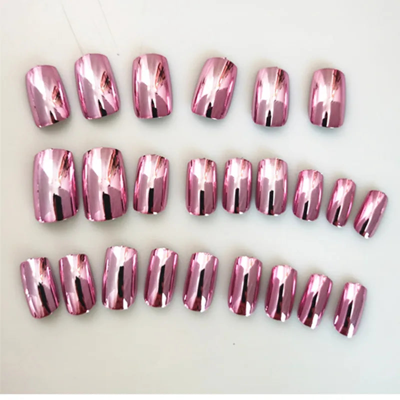 24-Piece Glossy Rose Pink Chrome Press-On Nails – Metallic Mirror Finish Short Square Fake Nails for Women & Girls