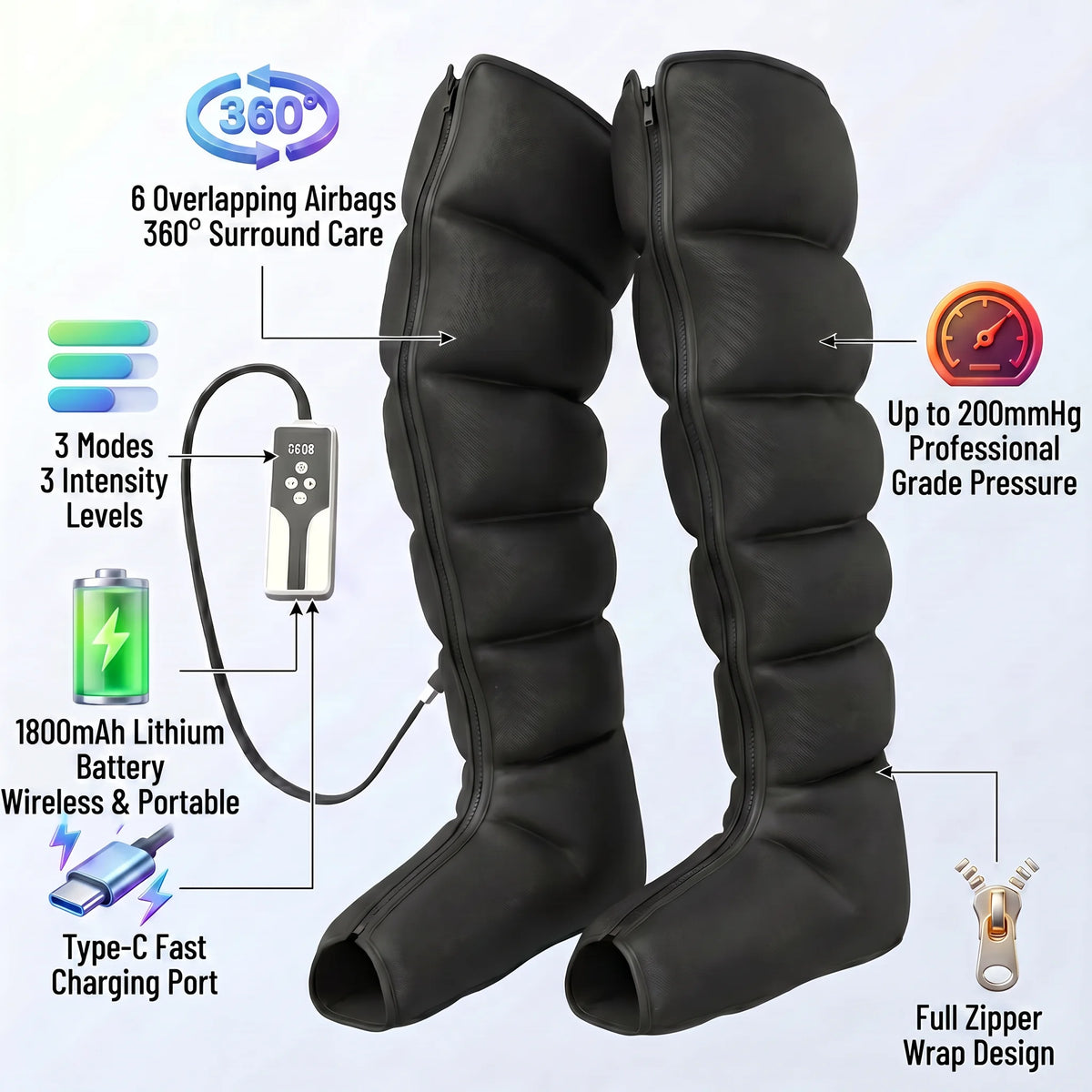 USB Rechargeable Leg Massager Boots – Air Compression for Calf & Foot Recovery | Pair with Pause Function for Relaxation & Circulation