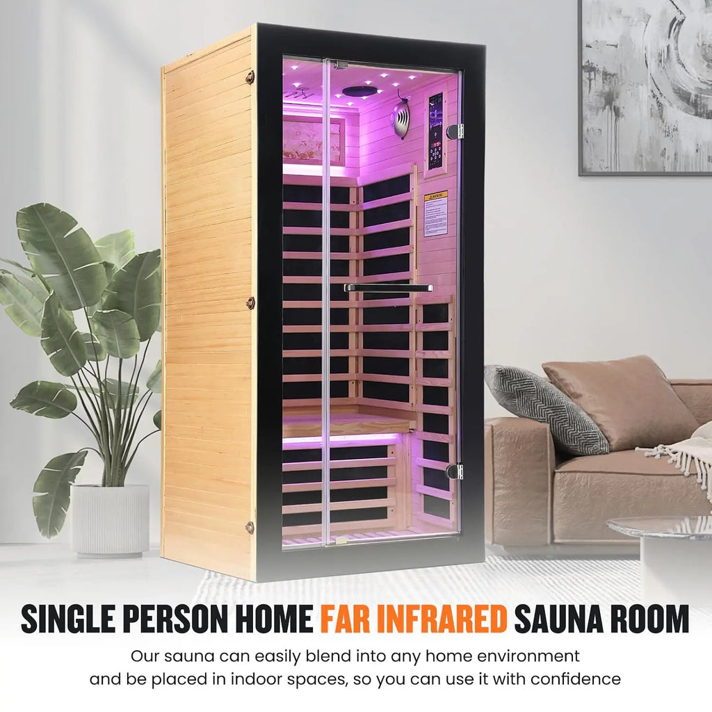 Eins-Personen-Infrarotkabine – Kanadische Hemlocktanne, 1450W | Anpassbare Heimsauna | Vollständig geschlossene Infrarotsauna für den Innenbereich für eine Person