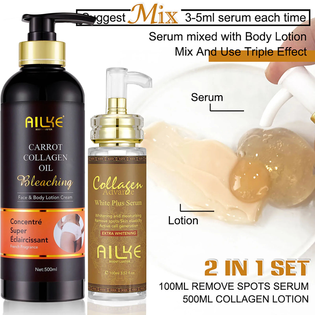 Sérum facial blanqueador e iluminador AILKE – Colágeno orgánico, reducción de manchas, tono de piel uniforme y sérum corporal hidratante y aclarador