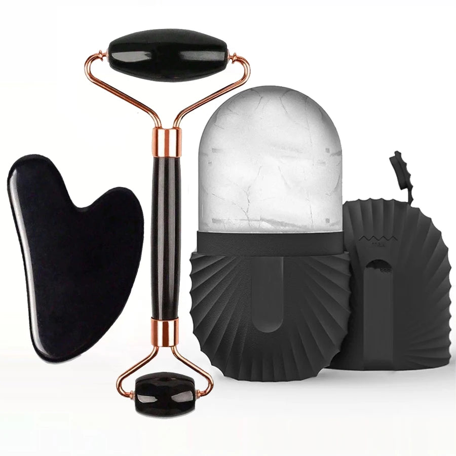Set de rodillo de hielo para el rostro y herramienta facial Gua Sha: rodillo de masaje facial para reafirmar, contornear y desinflamar la piel en tu rutina de cuidado diario