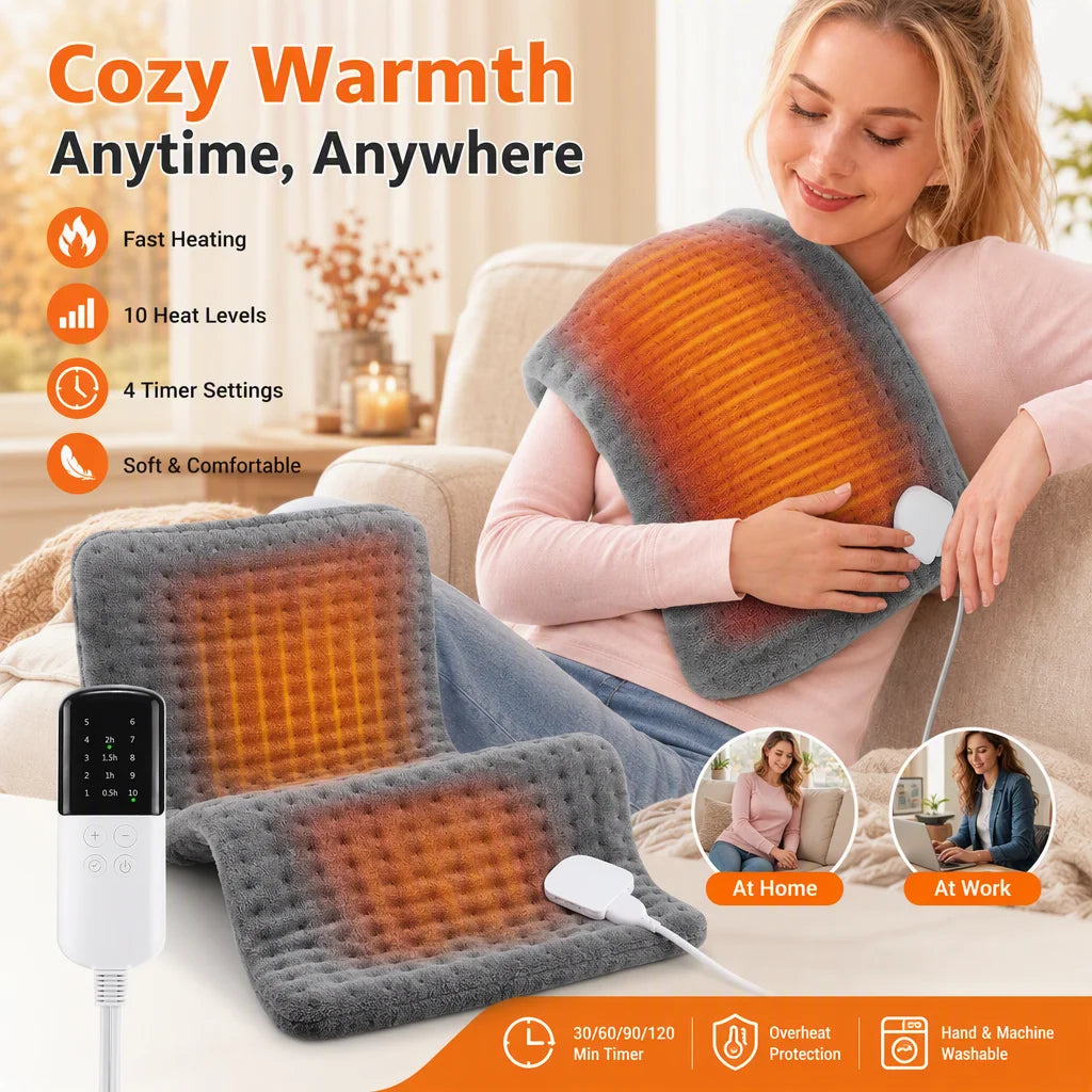 Coussin chauffant électrique 60×30 cm – 10 niveaux de chaleur, température constante, 4 réglages de minuterie | Tapis thermique lavable pour chaleur sèche et humide, idéal pour l'hiver et le soulagement de la douleur
