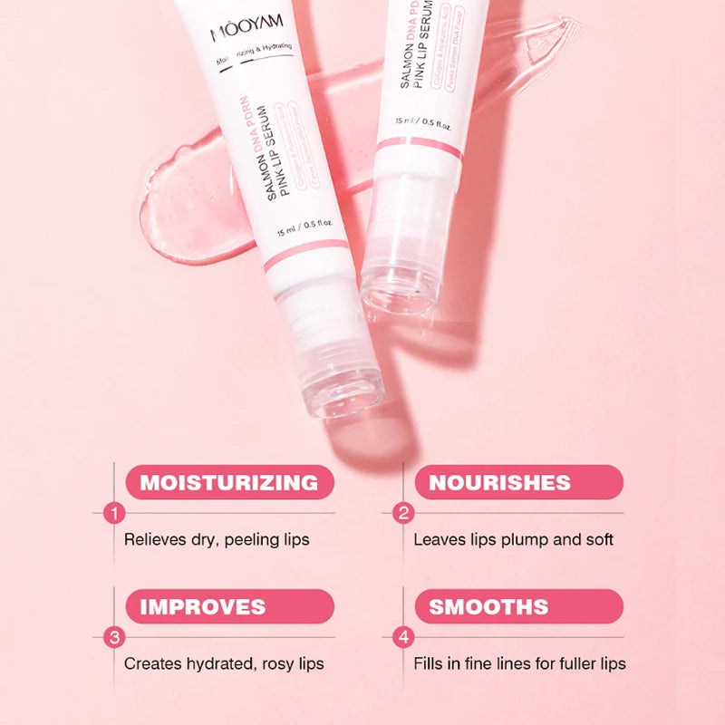 Sérum labial rosa de ADN de salmón PDRN – 15 ml, hidratación reparadora de larga duración para labios agrietados, líneas labiales y aclarado de tono apagado