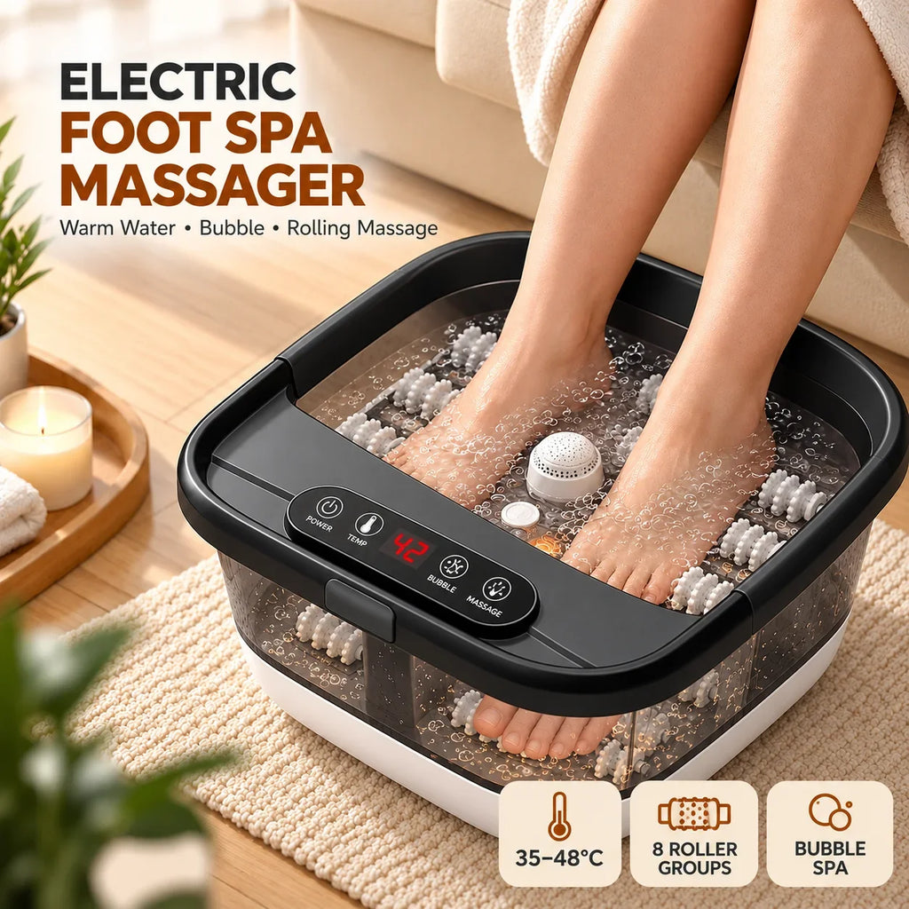 Masajeador de pies eléctrico con hidromasaje – 520W, 35–48°C, masaje con burbujas, terapia de luz roja y 8 grupos de rodillos | Pediluvio doméstico con pantalla digital