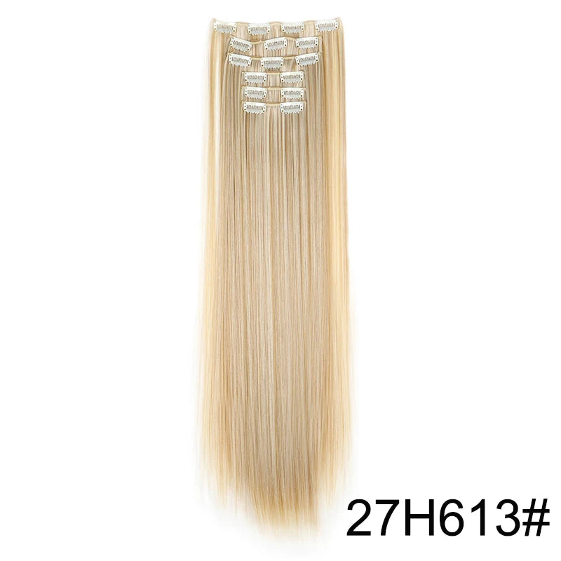 24-Inch Synthetic Clip-In Hair Extensions – 16 Clips, Long Straight Heat-Resistant Hairpiece | Blonde & Black