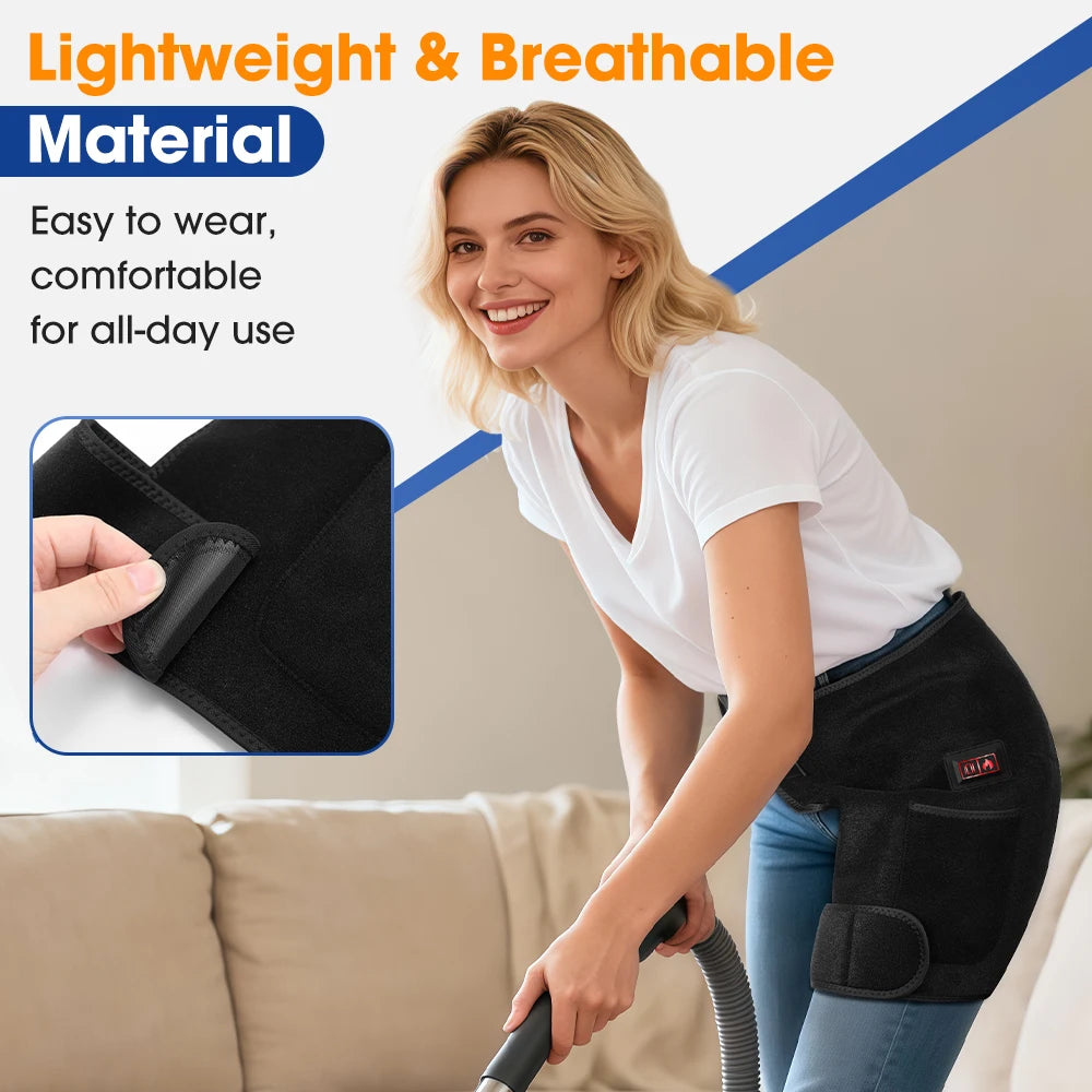 Cinturón masajeador eléctrico para cadera – Vibración, calor de 3 niveles y luz infrarroja roja de 660 nm | Soporte para muslo, cadera e ingle