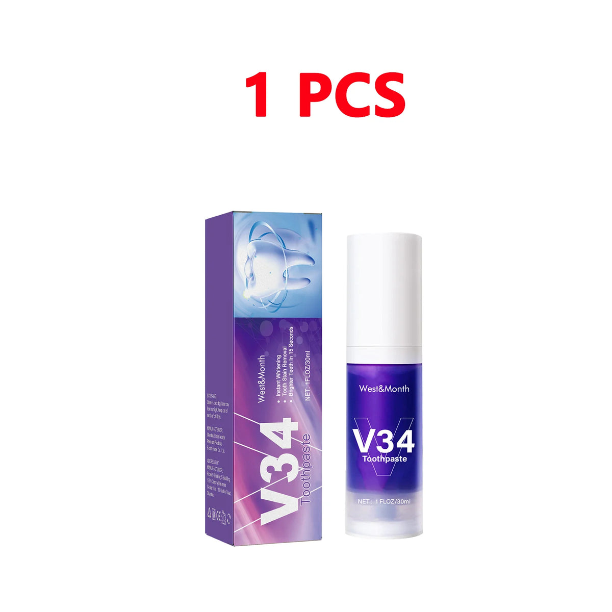 Dentifrice blanchissant V34 – 30 ml, soin intensif antitaches et antiplaque pour dents jaunies, haleine fraîche et protection des gencives