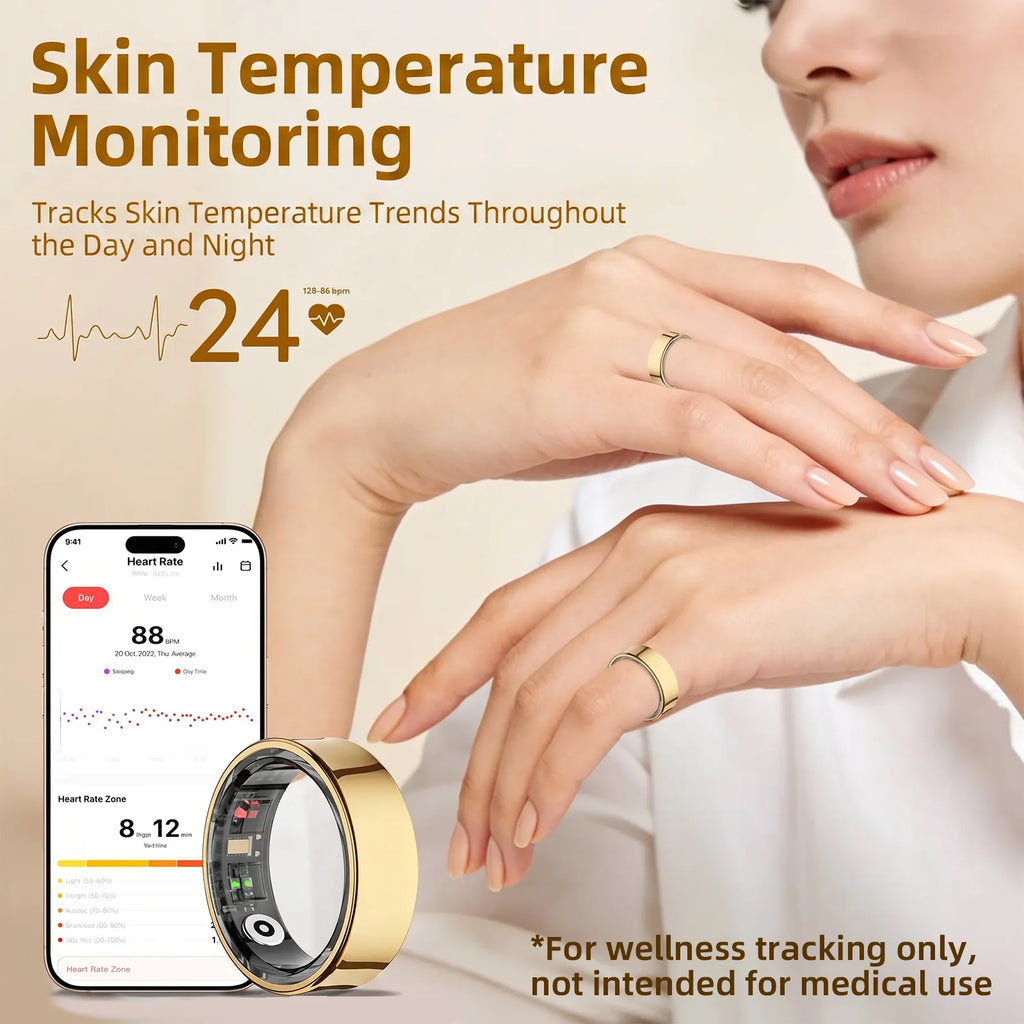 Anillo de salud inteligente QRing: monitor de temperatura corporal, frecuencia cardíaca, oxígeno en sangre y sueño | Bluetooth 5.2, resistente al agua 5 ATM con estuche de carga y aplicación QRing