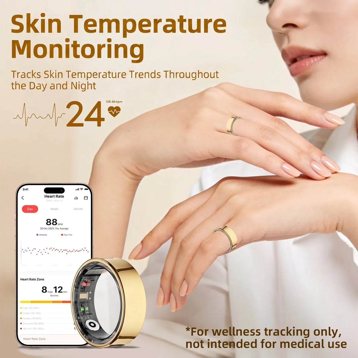 Anillo de salud inteligente QRing: monitor de temperatura corporal, frecuencia cardíaca, oxígeno en sangre y sueño | Bluetooth 5.2, resistente al agua 5 ATM con estuche de carga y aplicación QRing