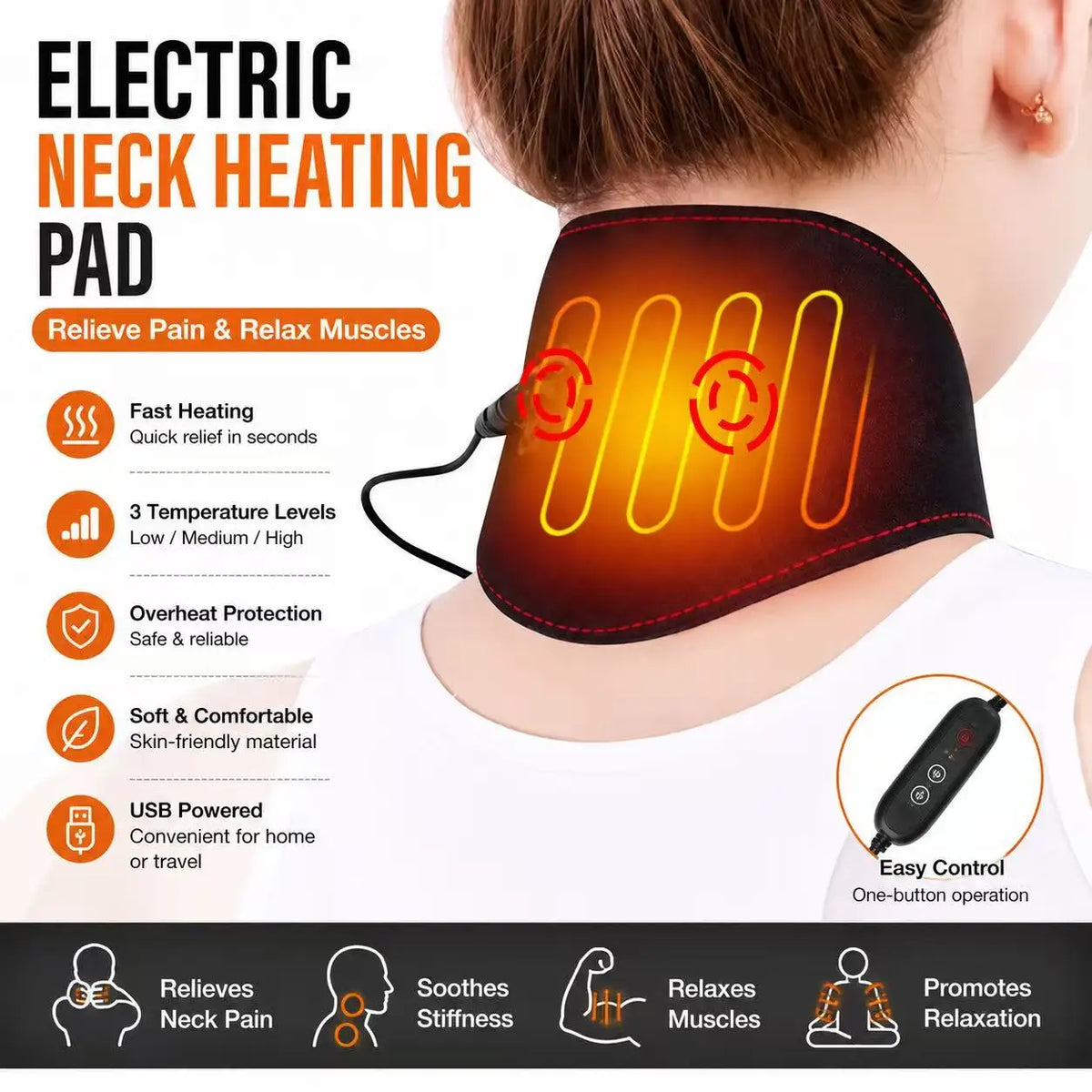 Almohadilla térmica eléctrica USB para cuello y hombros: 5 niveles de temperatura, envoltorio térmico ajustable | Terapia de calor cervical para el alivio del dolor de cuello en invierno