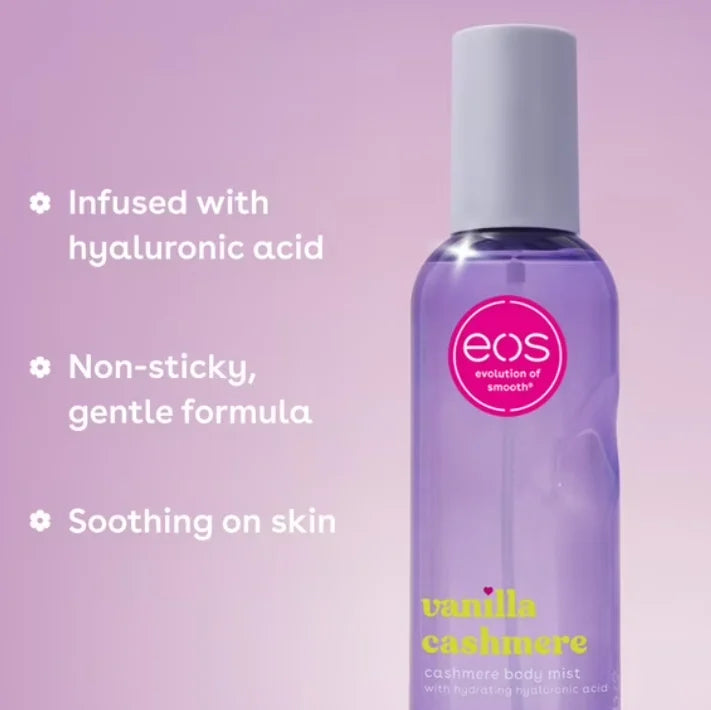 Bruma perfumada corporal y capilar eos Vanilla Cashmere – Spray hidratante diario con ácido hialurónico (177 ml)
