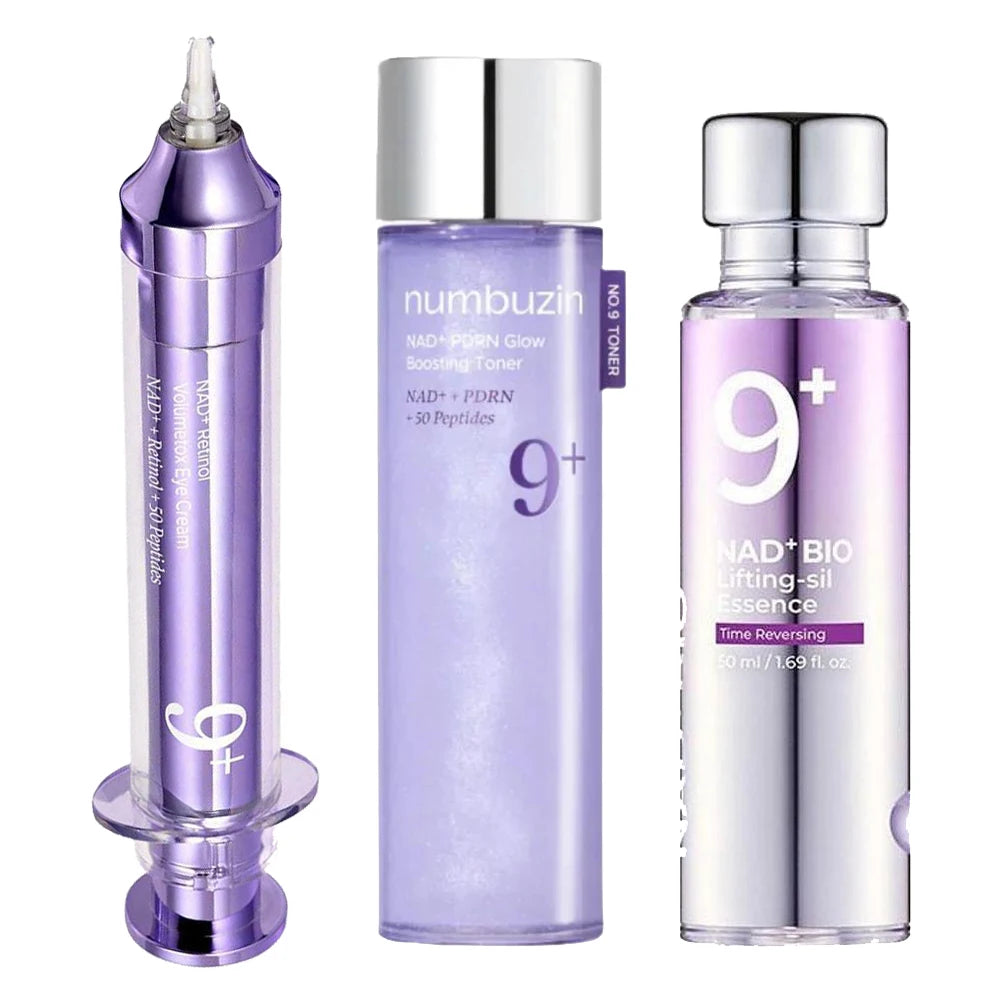 Numbuzin No.9 NAD+ Retinol Eye Cream + Peptide Lifting Serum + Salmon PDRN Glow Toner – Korean Firming, Anti-Wrinkle & Hydrating Skincare Set