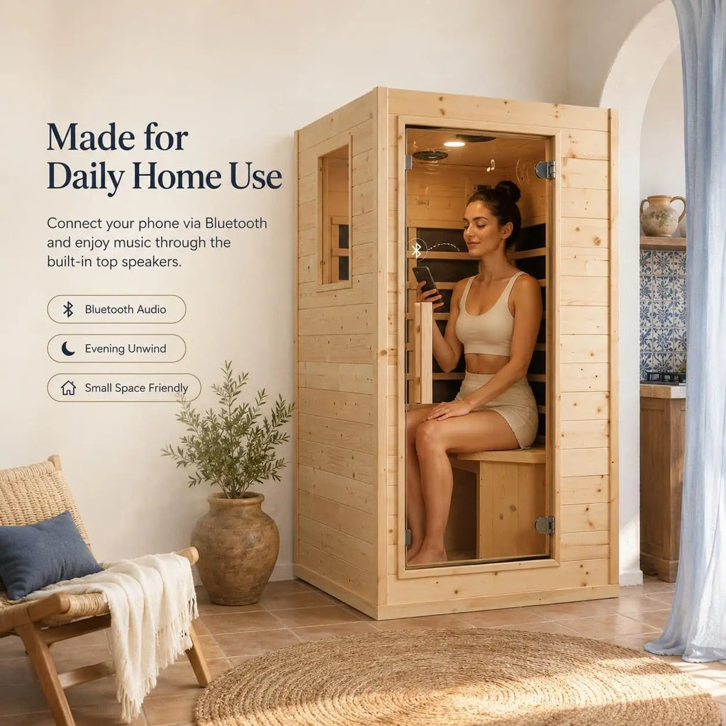 Mini sauna infrarouge 1 personne – Sauna d'intérieur compact de 1,5 m avec porte vitrée à ouverture latérale | Sauna domestique peu encombrant pour petits espaces | Personnalisable