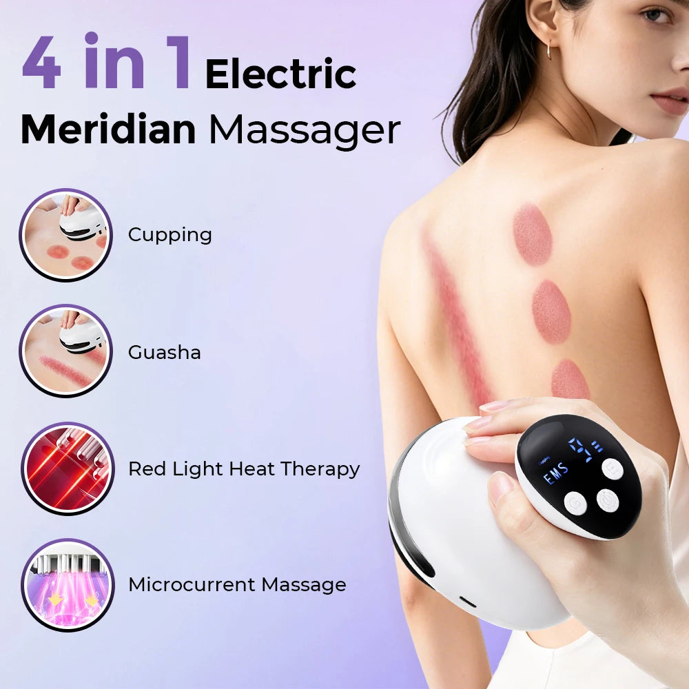 4-in-1 Electric Gua Sha & Cupping Massager – Red Light, Hot Compress & 9-Level Vacuum Suction Body Scraping Device