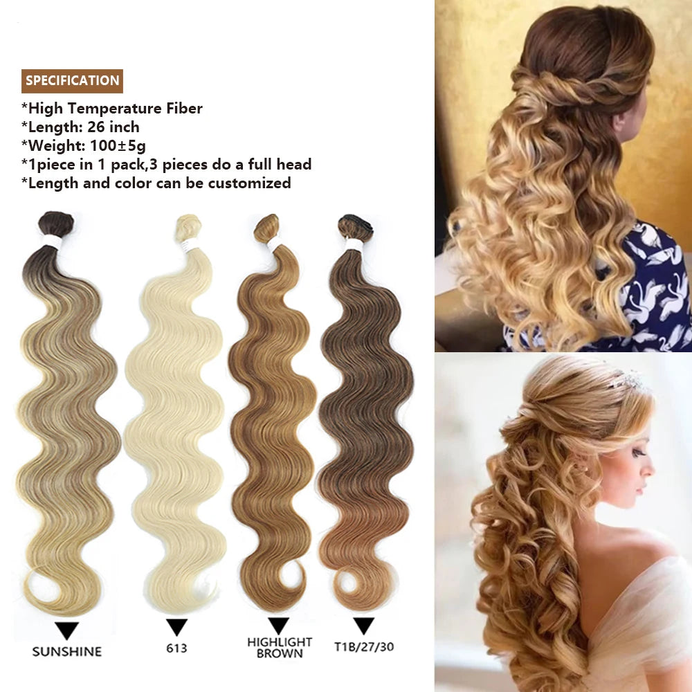 خصلات شعر مموج (Body Wave) بطول 26 بوصة — وصلات شعر صناعية ملونة باللون الأشقر البلاتيني (613 Piano Blonde) للنساء