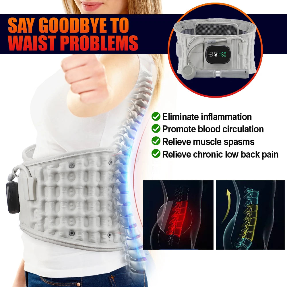 Masajeador lumbar eléctrico inalámbrico con luz roja y calor: cinturón de soporte con airbag inflable y masaje por vibración para el alivio del dolor de espalda y relajación